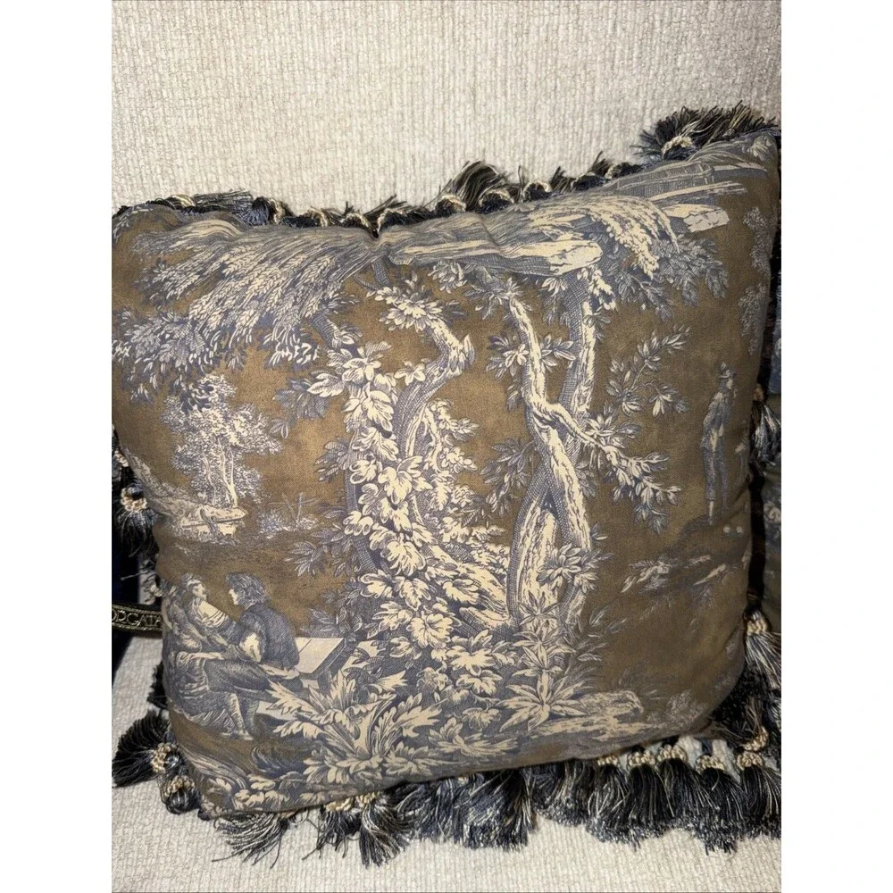 French Country Toile de Jouy Pillows Navy Cream Frill French Country 14x14